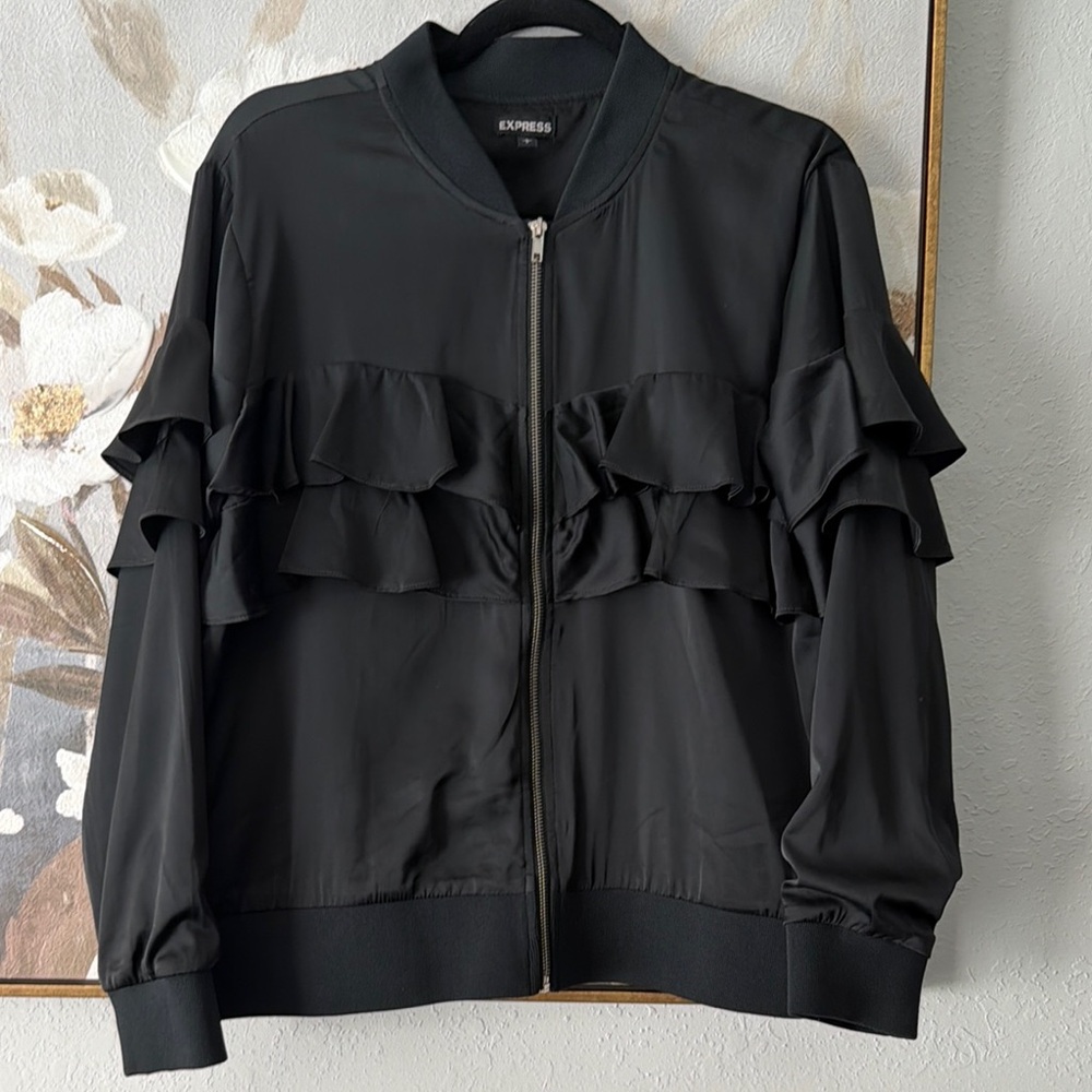 Express Black Ruffle Bomber Jacket